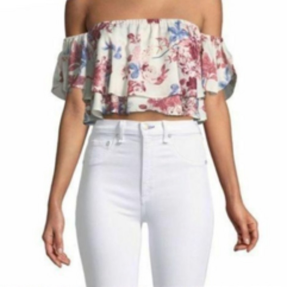 MISA Los Angeles Suvi Floral Satin Ruffled Off The Shoulder Crop Top Size M - Picture 1 of 7